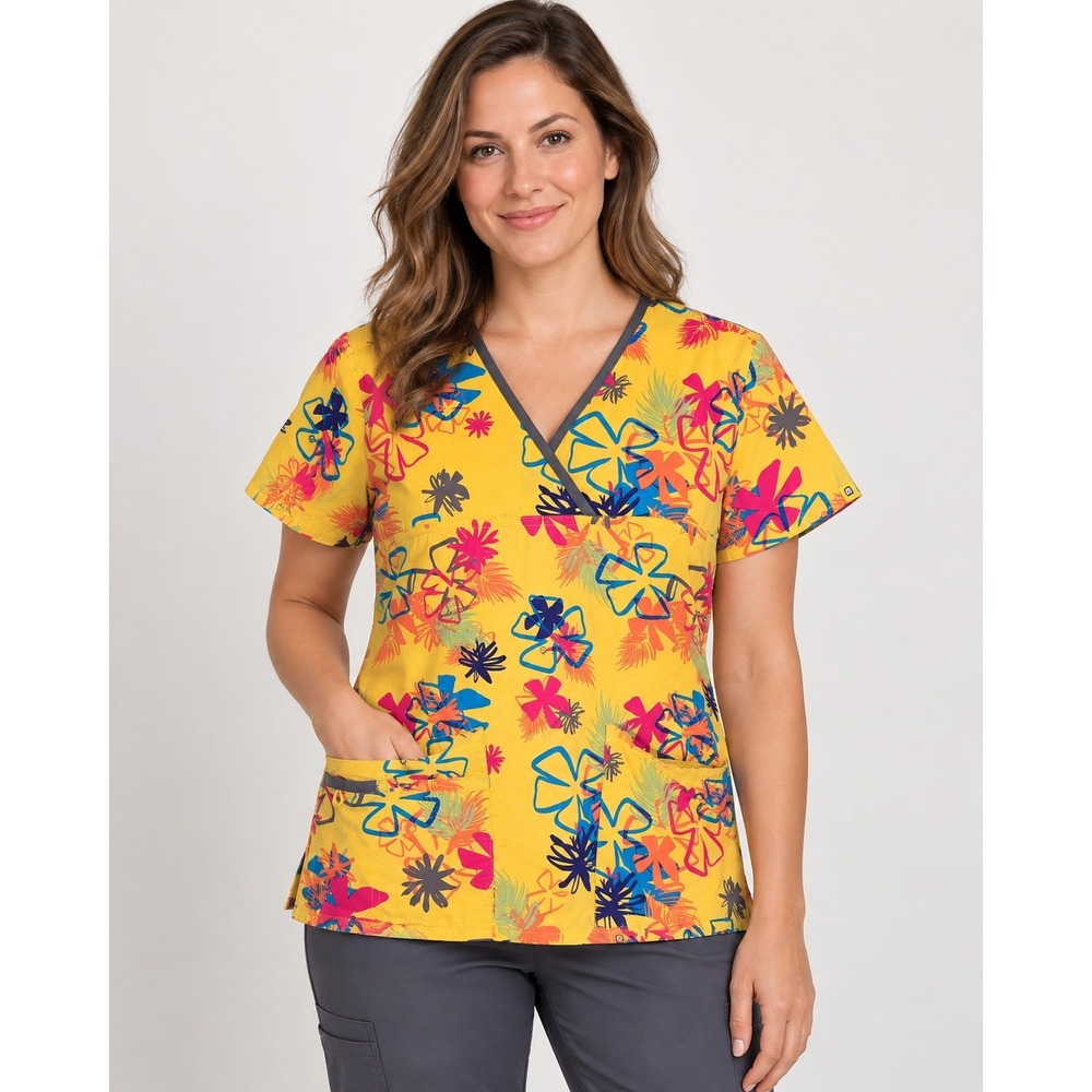 WonderWink Scrub Top Small Yellow Floral Tropical 100% Cotton V-Neck 6027A